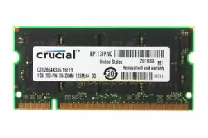 Crucial 1GB PC2700 DDR333MHZ 200Pin 2.5V SODIMM Low Density Notebook Memory RAM^ - Picture 1 of 6