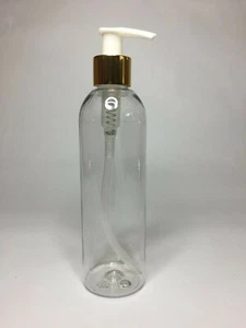 200ml PET Plastic Tall Boston Bottle & Shiny Gold/White Lotion Pump ANY AMOUNT - Picture 1 of 1