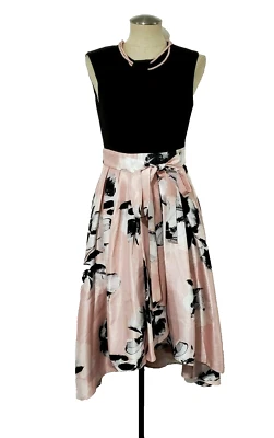 Ignite Evenings New York Black/Pink Floral Fit & Flare Bead Tie Pockets Dress 6 - Image 1 of 4