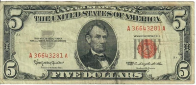 1963 5$ United States Note - Red Seal Right, KOG/CDD A36643281A - #13575 - Image 1 of 2