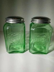 Depression Style Glass Salt and Pepper Shakers, Classic Green 4.25" x 2.25"  - Picture 1 of 4