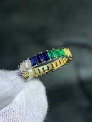 18k Oro Argento Sterling Arcobaleno Zaffiro Baguette Taglio Eternity Fedina 6.5 - Immagine 1 di 4