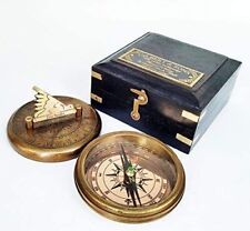 Handicraf Antique Brass Compass Engraved with Wooden Case Maritime Nautical Gift