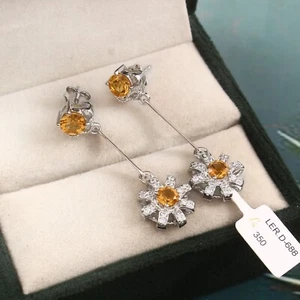 November Birthstone Citrine Drop Earrings Long CZ Flower NEW - Picture 1 of 8