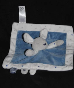 🐰 Doudou plat lapin dormeur bleu blanc OBAIBI OKAIDI carré imprimé cœur - Picture 1 of 3