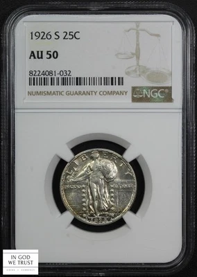1926 S Standing Liberty Silver Quarter 25C (Almost Uncirculated) NGC AU 50 - Image 1 of 4