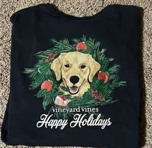 Vineyard Vines Kid’s Large (16) Navy Long Sleeve Happy Holidays Dog Shirt - Picture 1 of 4