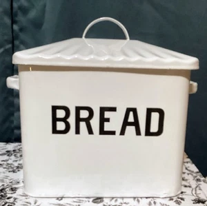 Primitive Farmhouse Vintage Retro White Black ENAMEL BREAD BOX Container Tin - Picture 1 of 9