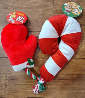 Lote de 2 felpas chirriantes de peluche Bow-Wow Value manopla y bastón de caramelo Foto 1 de 4