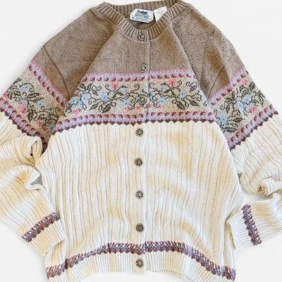 Vintage Northern Reflections Light Brown Cream Knit Pink Blue Floral Cardigan - Image 1 of 4