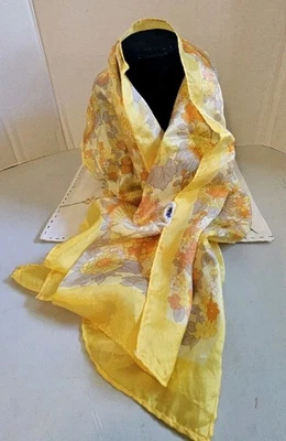 Vintage Neck Scarf Yellow W/Blue Flowers 42"×13" Japan 100% Nylon - Image 1 of 4
