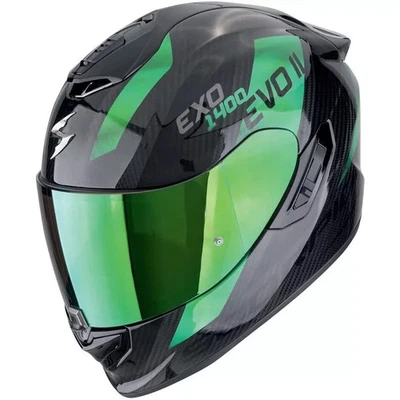 CASCO SCORPION EXO 1400 EVO II PLATTED GREEN BLACK CARBON AIR LUCIDO  VIS TRASPA - Immagine 1 di 3