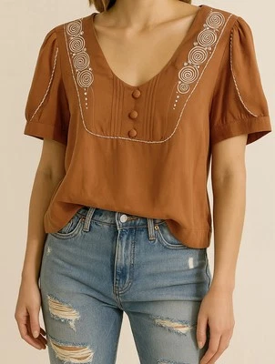 Top Floreat Anthropologie bordado óxido Cottagecore manga abullonada boho talla 4 Foto 1 de 4