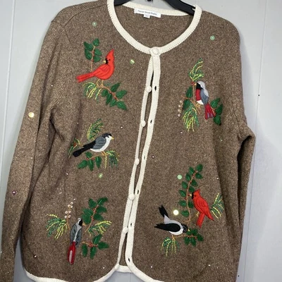 Cardigã feminino suéter pássaro vintage M Mercer Street lã cardinal inverno 3D 23x25 - Imagem 1 de 4