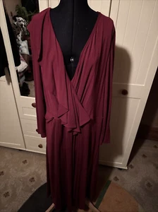 JAEGER Burgundy Red Long Sleeve Ponte V Neck Long Ruffle Dress Size 20 NEW - Picture 1 of 15