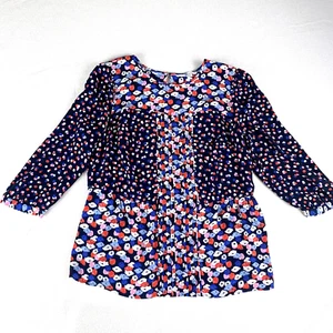 Boden Top Womens 12 US Navy Blue Floral Print 3/4 Sleeves Hotchpotch Pintuck - Picture 1 of 8