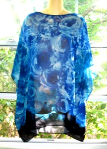 CARMEN MARC VALVO Swim Coverup Sz M/L Flowy Poncho Tunic Blue Floral - Picture 1 of 6