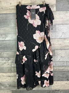 Joanna Hope Midi Skirt Size UK 10 Black Pink Floral Wrap Ruffle Tie Boho - Picture 1 of 11