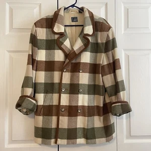 Vintage Womens Gingham Large Check Brown Green Cream Wool Blend Peacoat Coat - Picture 1 of 13