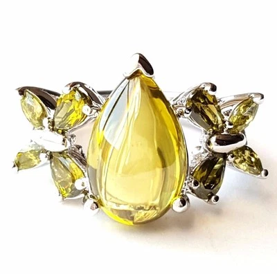 (Size 6,7,9) Olive Green PERIDOT RAIN DROP Stone RING .925 STERLING SILVER - Image 1 of 3