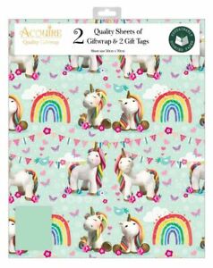 UNICORN RAINBOWS GIFT WRAPPING PAPER - 2 SHEETS  & 2 TAGS WRAP - girl's birthday