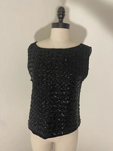 Vintage 1960s Black Sequined Sleeveless Sweater Shell Tank Mod Fancy Dressy VLV - Picture 1 of 10