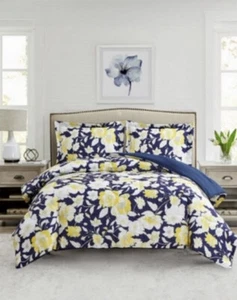 Mytex Aster Floral 2 piezas. Juego de edredón doble reversible, azul marino/amarillo - Imagen 1 de 6