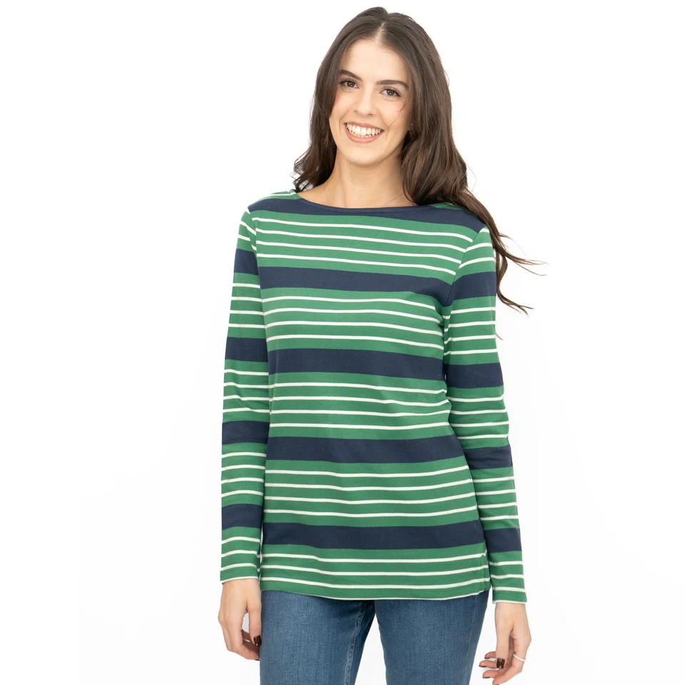 Crew Clothing Womens Top Ultimate Breton Stripe Green Cotton Long Sleeve Size 10 - Image 1 of 4