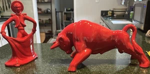 Vintage MCM Royal Haeger Pottery Large Red Bull + Matador Figurine Statue Pair! - Picture 1 of 20