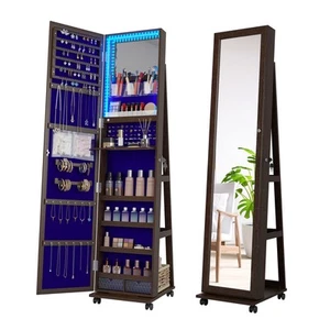 Full Length Mirror with Jewelry Storage, 360°Swivel Jewelry Cabinet with Lights - Picture 1 of 13
