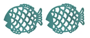 Scratch & Dent 2 Piece Turquoise Cast Iron Filigree Fish Decorative Trivet Set - Picture 1 of 4