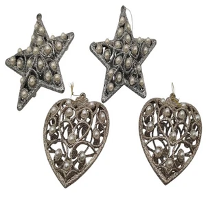 Glitzer Weihnachtsschmuck silber goldfarben Perlen Sterne Herzen 3D 4er Set - Bild 1 von 5