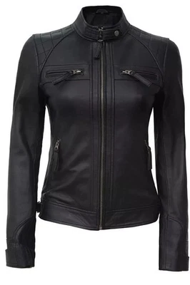 Chaqueta de cuero real para mujer negra motociclista motocicleta suave piel de cordero chaqueta ajustada Foto 1 de 4