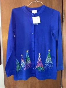 Quacker Factory Embroidered Sequin & Stud Tree Cardigan Blue XS New - Picture 1 of 4