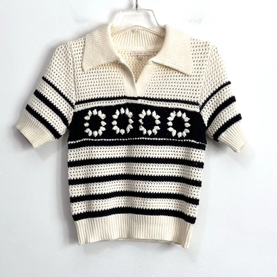 Skies Are Blue Sweater XS Crochet Cream Floral Short Sleeve Collared Trendy Knit - Image 1 of 4