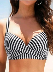 XL Push Up Bikini Top Women Black Striped Underwire Padded Swimsuit Bra - Picture 1 of 10