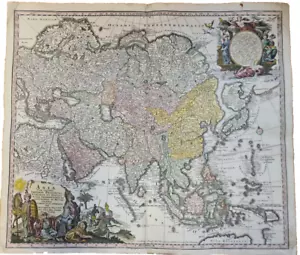 1730 MAP OF ASIA CONTINENT MATTH. SEUTTER ORIGINAL COLORED COPPERPLATE - Picture 1 of 5