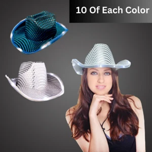 White & Teal LED Sequin Cowboy Hat – Light-Up Party/Festival Cowgirl Accessory - Picture 1 of 11