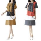 Womens Short Sleeve Splice A-Line Midi Dress Loose Tunic Top Ethnic Casual Slim