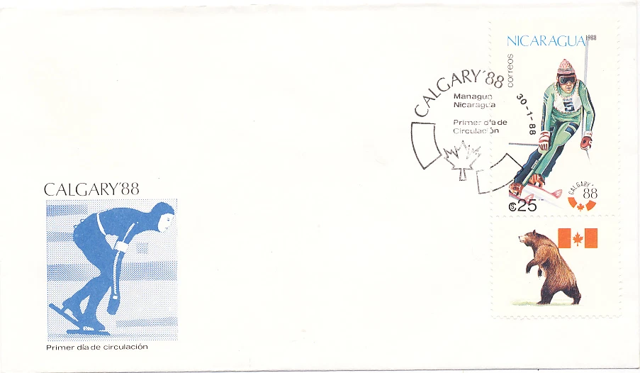 Nicaragua 1988 #1679 Calgary Winter Olympics Sking FDC First Day Cover - Image 1 of 1