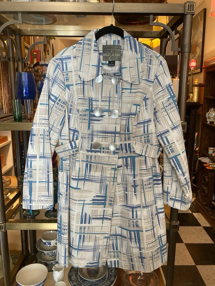 Mac & Jac White Blue Patterned Trench Jacket with pearlescent buttons size 10 - Изображение 1 из 4