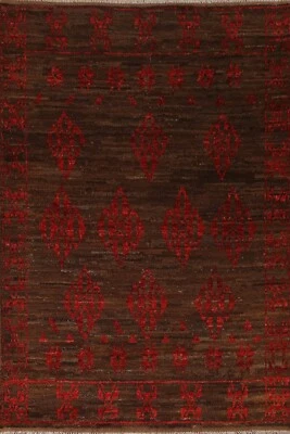 Dark Brown/ Red Geometric Moroccan Area Rug Wool Handmade Carpet 5x8 ft - Image 1 of 4