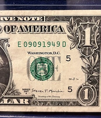 September 9th, 1949 Birthday Fancy Serial Number One Dollar Bill Note E09091949D - Image 1 of 3