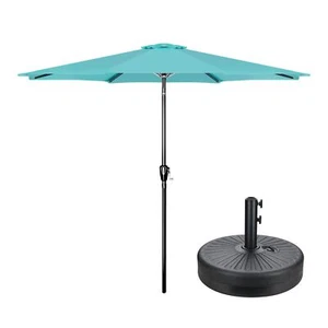 9FT Outdoor Umbrella with Push Button Tilt and Crank and Base Stand Turquoise - Picture 1 of 8