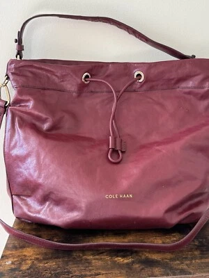 Colehaan Leather Large Red Hobo Handbag with Drawstring Shoulder Bag - Image 1 of 4