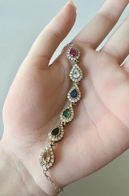 Genuine Multi-Gemstone 14K Yellow Gold on SOLID 925 Tennis Bracelet Real Pear - Image 1 of 4