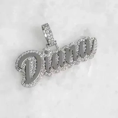 Custom Name Pendant 1.8Ct Round Cut Real Moissanite 14K White Gold Plated Silver - Image 1 of 3