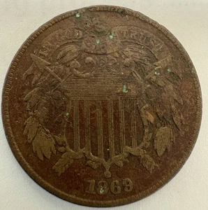 1869 Two Cent Piece Lower Mintage Date - has rim dent and oxidation - Picture 1 of 3