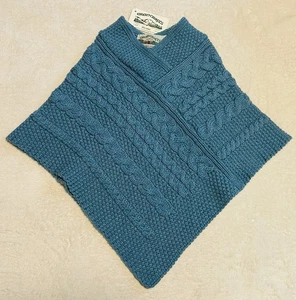 Aran Crafts Kids Poncho 100% MERINO WOOL Teal Made in Ireland Sz Medium NWT - Picture 1 of 4