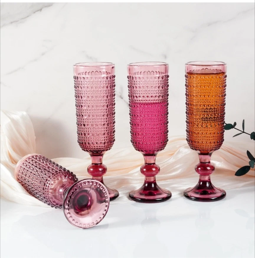 4 Pcs VTG Champagne Flutes, 5 oz Pink Goblet Champagne Glasses, Hobnail Drin.. - Image 1 of 4